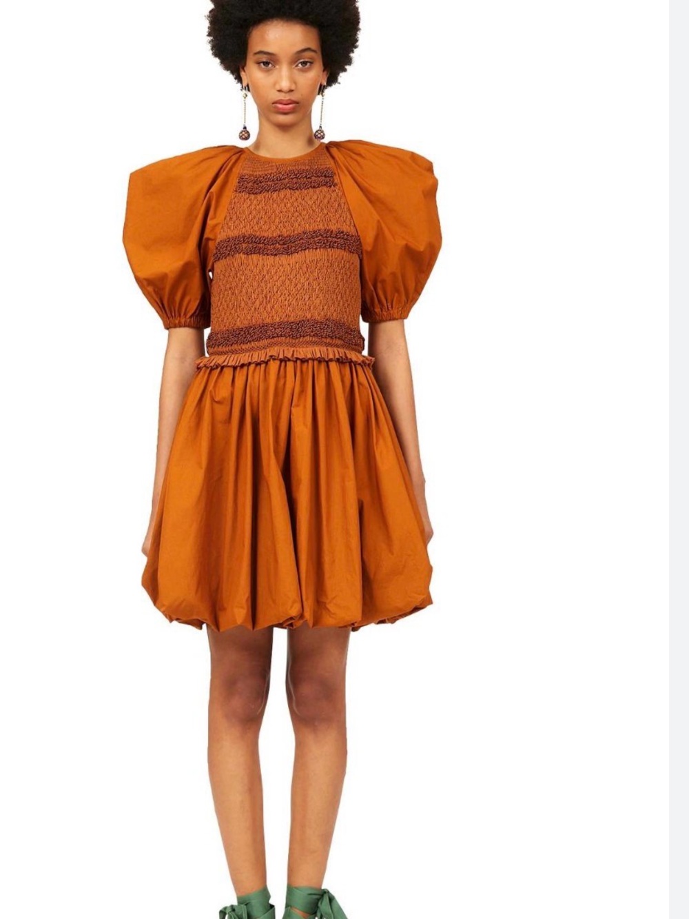 Ulla Johnson Puff-Sleeve Smocked Dress in Rust Orange